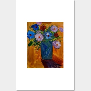 Mixed flowers in blue and silver vase on a colorful tiles background Posters and Art